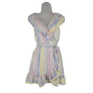 Lauren Conrad Small Pastel Striped Ruffle Faux Wrap Dress Sleeveless Mini V-Neck